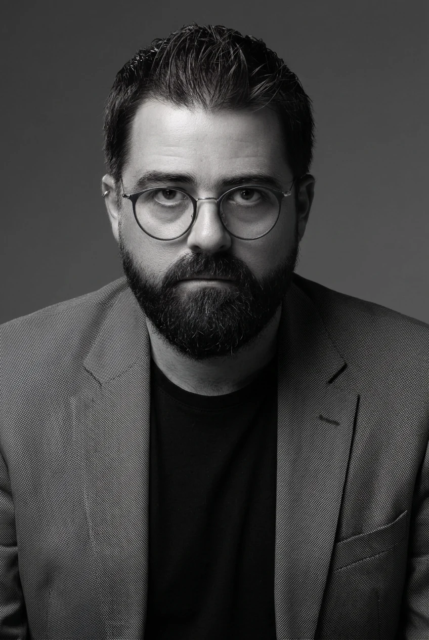Retrato em preto e branco de Romero de Deus olhando para a câmera